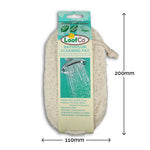 Loofco loofah bathroom cleaning pad pictured on a plain white background with dimensions. 200mm by 110mm