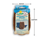 loofco washing-up brush pictured on a plain white background with product dimensions. 70mm by 110mm