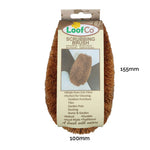 Large LoofCo Scrubbing Brush in cardboard packaging sleeve pictured on a plain white background with product dimensions