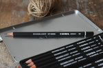 Close up of Lyra 12 drawing pencils in sizes from 6B to 4H in a metal storage tin.