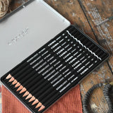 Lyra 12 drawing pencils in sizes from 6B to 4H in a metal storage tin.