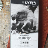 Lyra 12 drawing pencils in sizes from 6B to 4H in a metal storage tin.