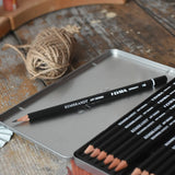 HB pencil from the Lyra 12 drawing pencils in sizes from 6B to 4H in a metal storage tin.