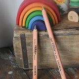 Lyra Ferby triangular shaped graphite HB pencil and rainbow 4 colour pencil resting upright n front of a mini Grimm's rainbow.