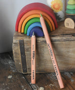 Lyra Ferby triangular shaped graphite HB pencil and rainbow 4 colour pencil resting upright n front of a mini Grimm's rainbow.
