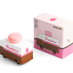 Picture of the Framboise Candylab Candyvan. with its box. It is a 1960s style brown and white van with a pink Raspberry Macaron on the roof.