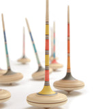 A collection of Mader Kreiselmanufaktur Large Arabella wooden Spinning Tops. A random colour selection will be chosen.