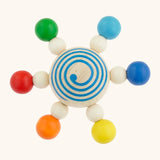 Mader handcrafted wooden baby carousel spinning top toy. Features 6 coloured beads and a blue swirl on the middle ball
