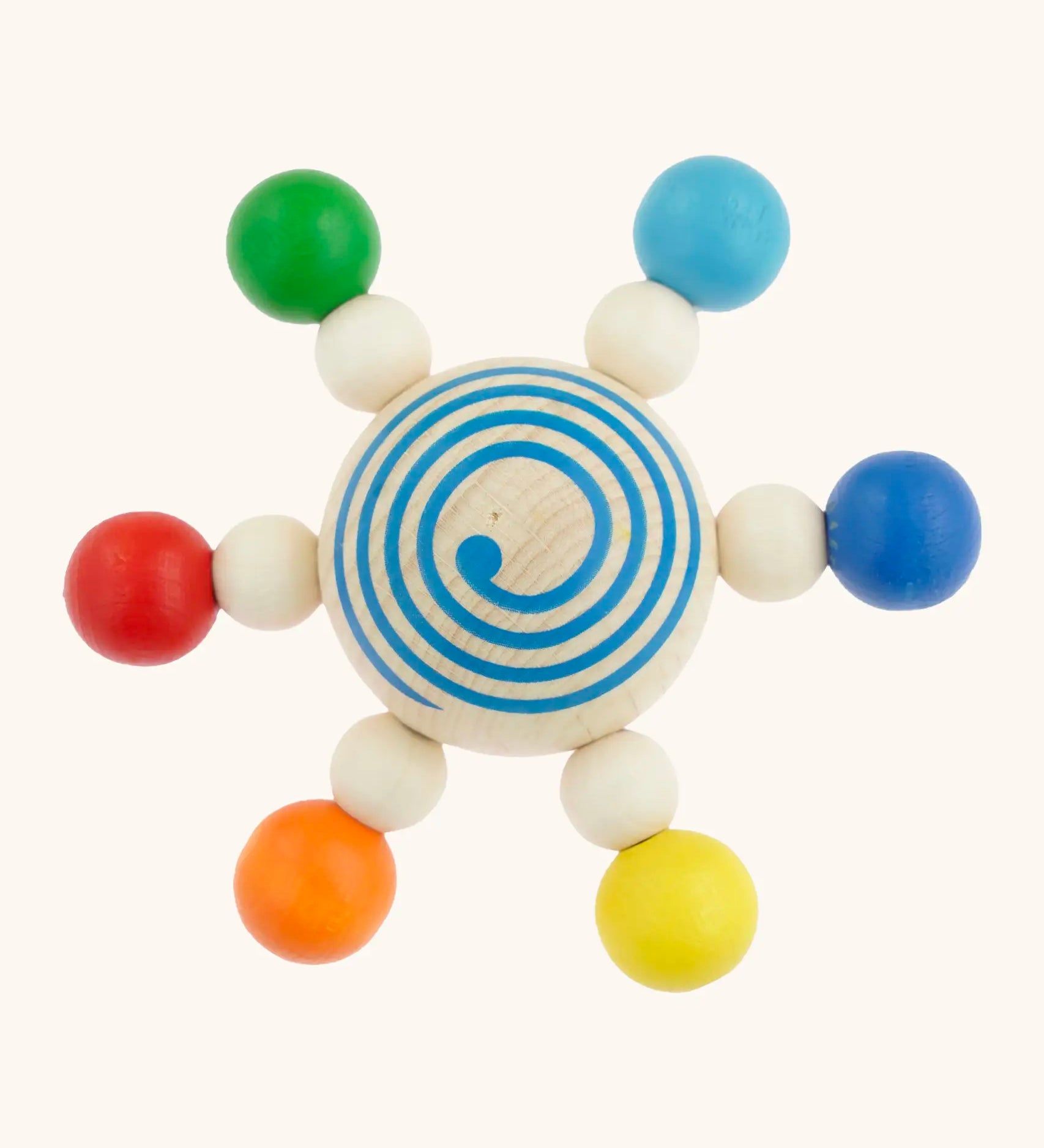Mader handcrafted wooden baby carousel spinning top toy. Features 6 coloured beads and a blue swirl on the middle ball