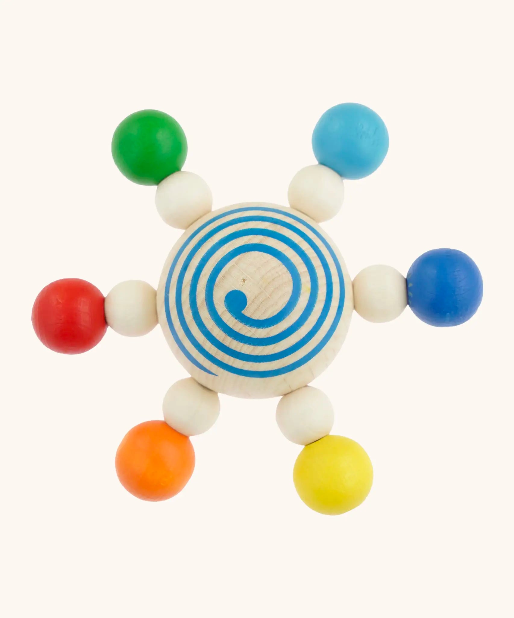 Mader handcrafted wooden baby carousel spinning top toy. Features 6 coloured beads and a blue swirl on the middle ball