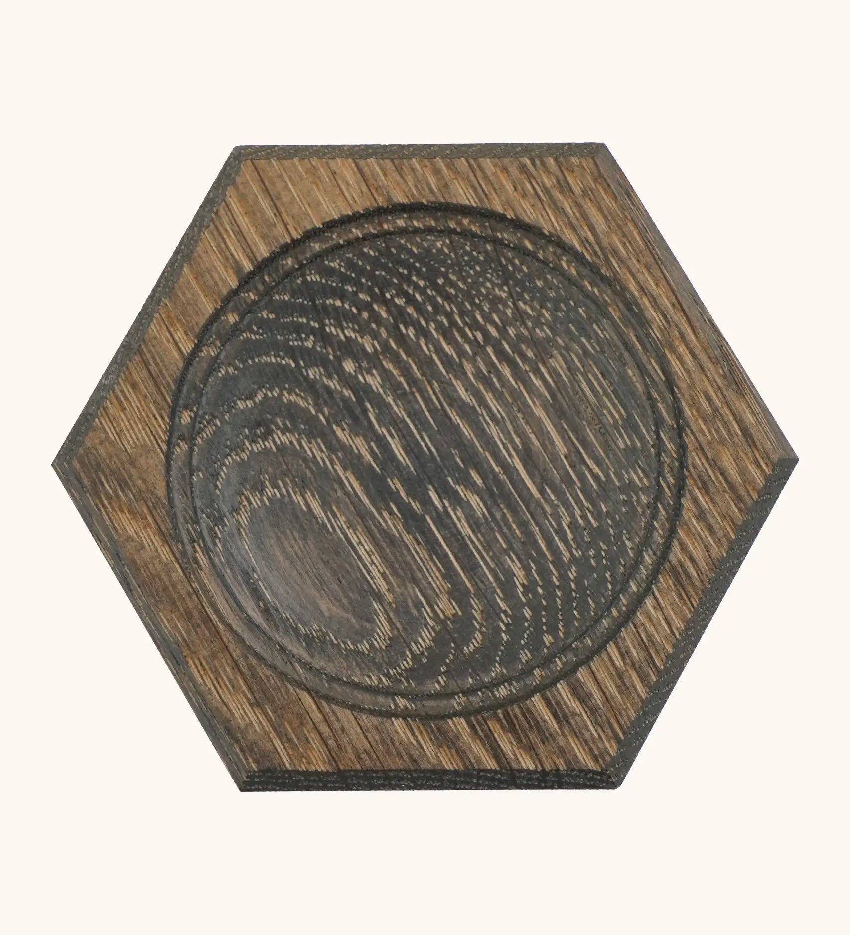 Mader handcrafted black oak spinning top plate in a shape of a hexagon. Plate measure 8cm