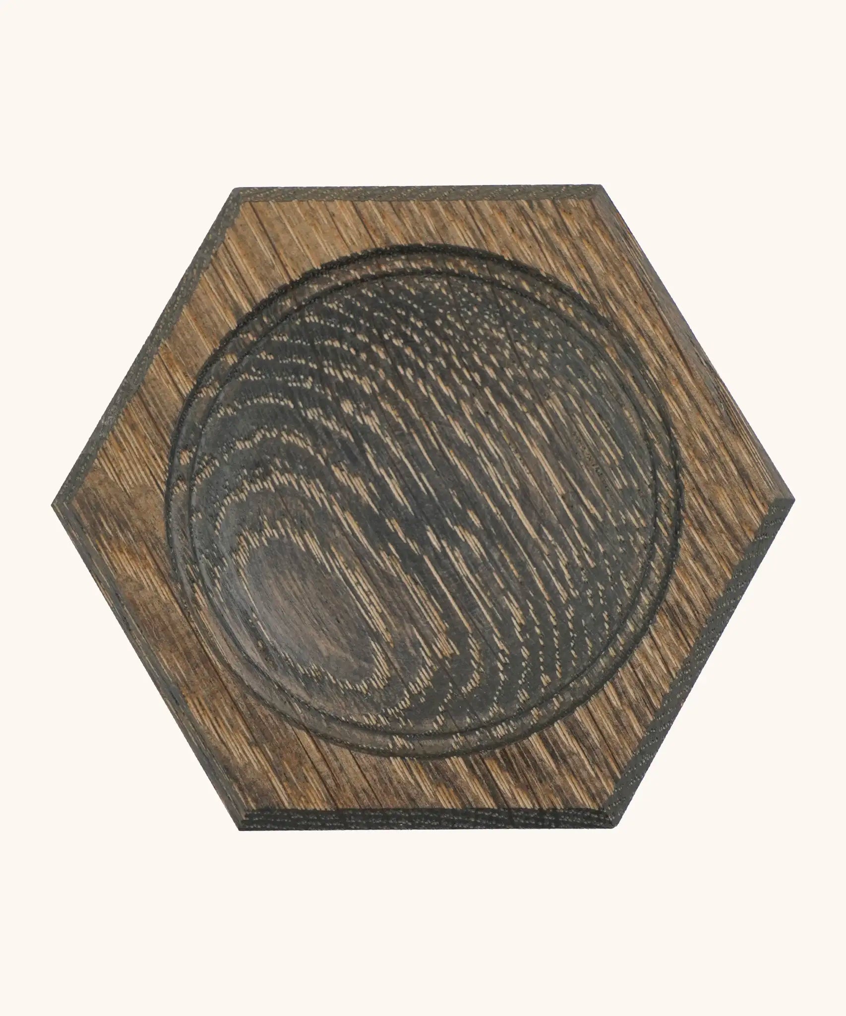 Mader handcrafted black oak spinning top plate in a shape of a hexagon. Plate measure 8cm