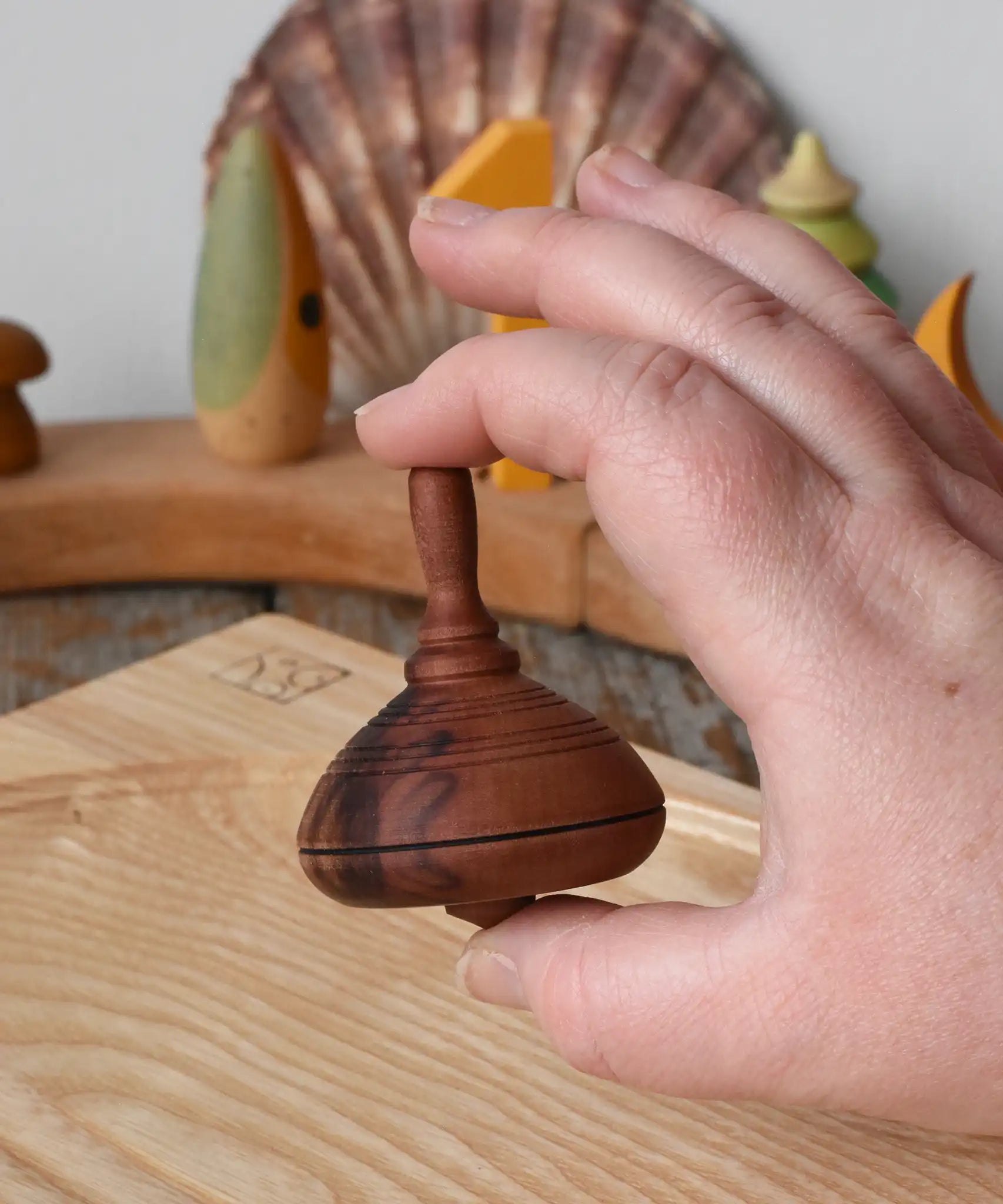 Mader classic spinning top in an adult hand. 