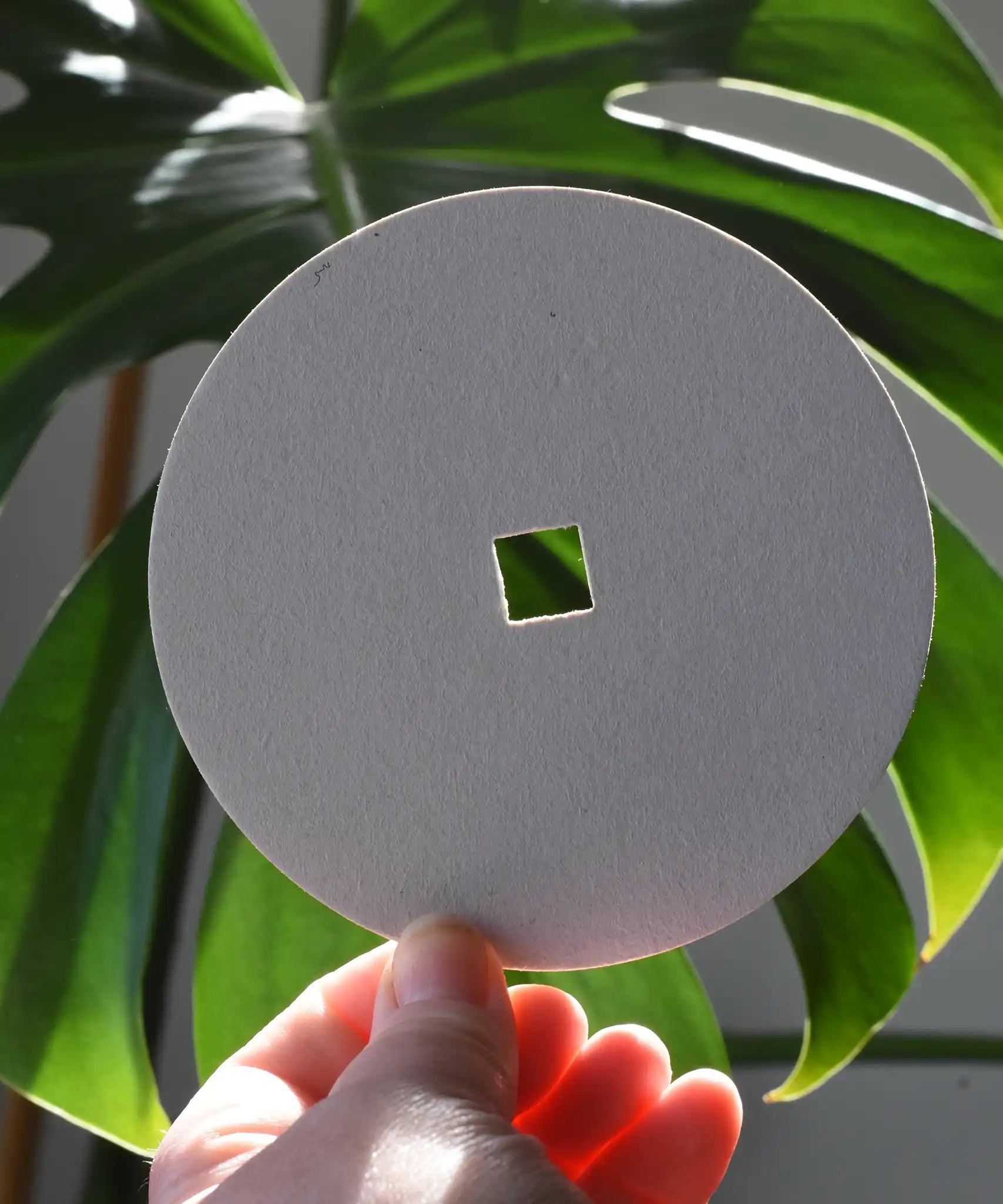 Blank Mader replacement discs for 'So And So' spinning top set in an adult's hand.