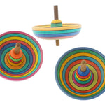 3 Mader plastic free sombrero spinning top toys in the striped colours on a white background