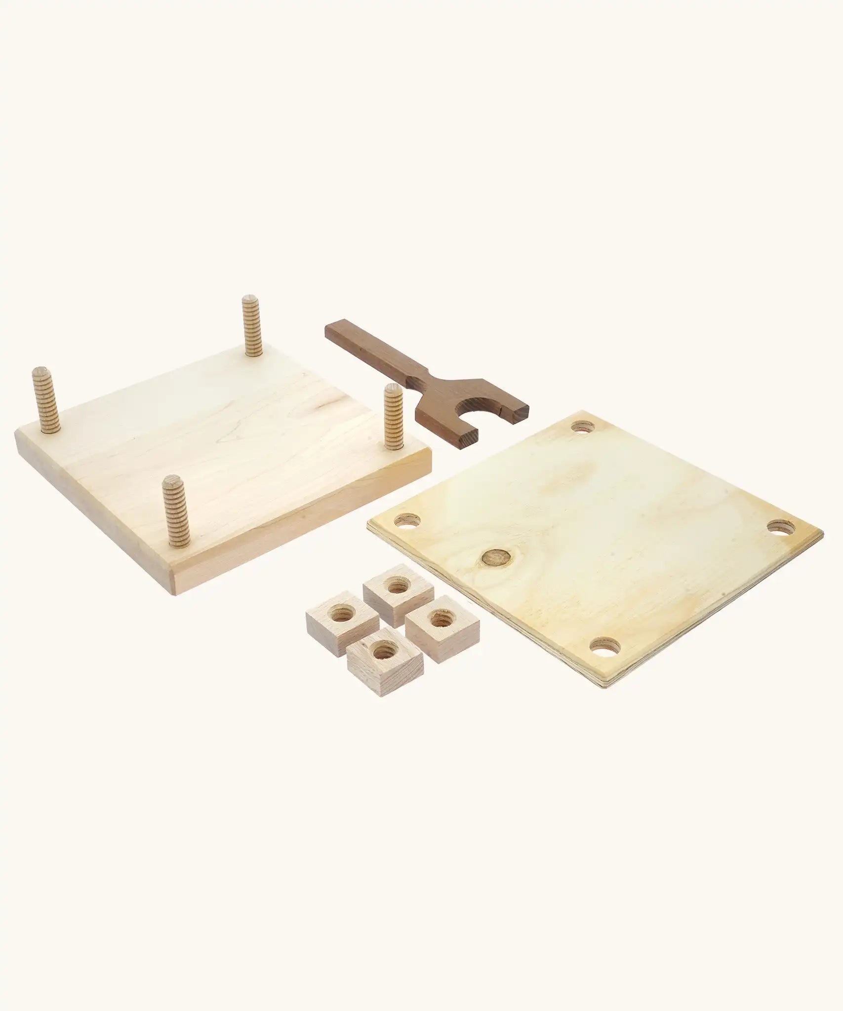 Mader Kreiselmanufaktur Flower Press with Wooden Threads. The parts have been taken apart. 