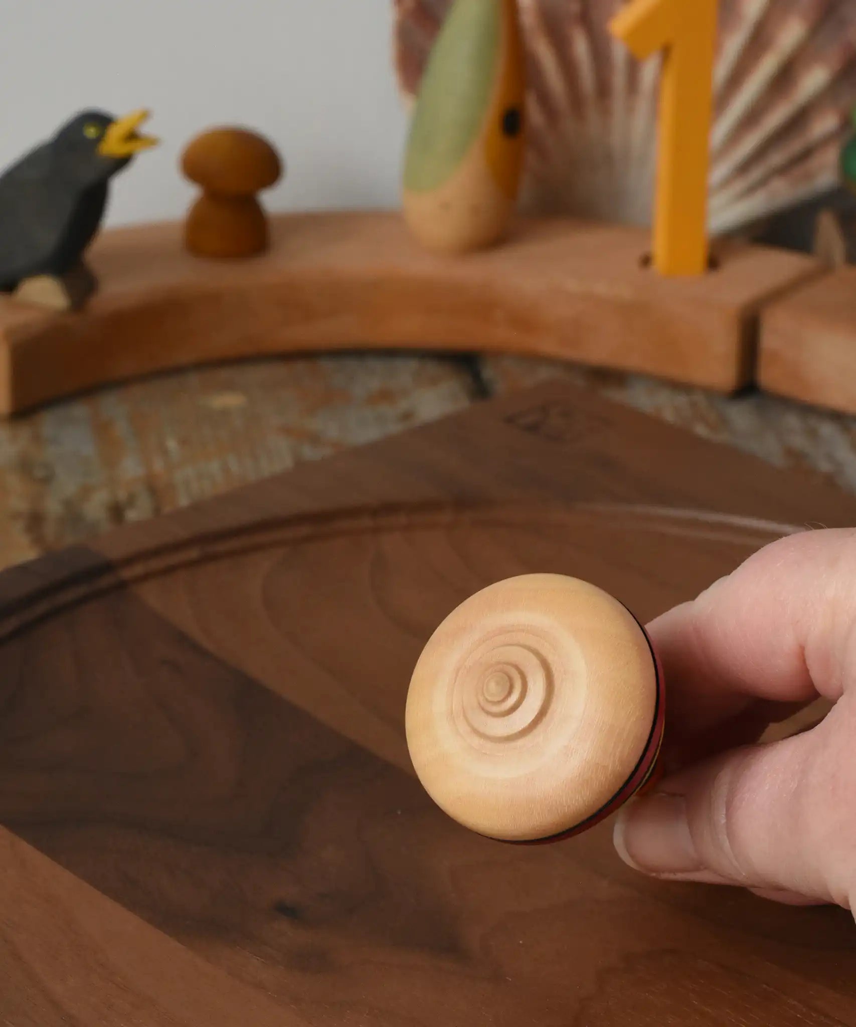 Bottom of the Mader harlekin spinning top in an adult's hand.