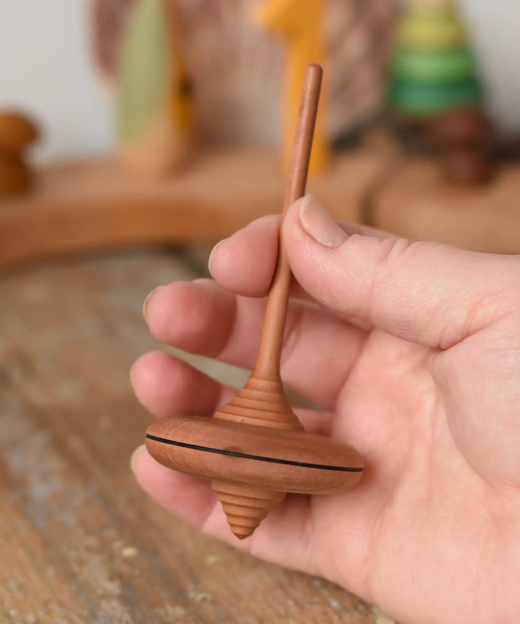 Mader ibis spinning top in an adult's hand.