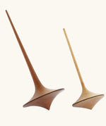 Mader handmade wooden 75mm and 55mm Trumpo wooden spinning tops.