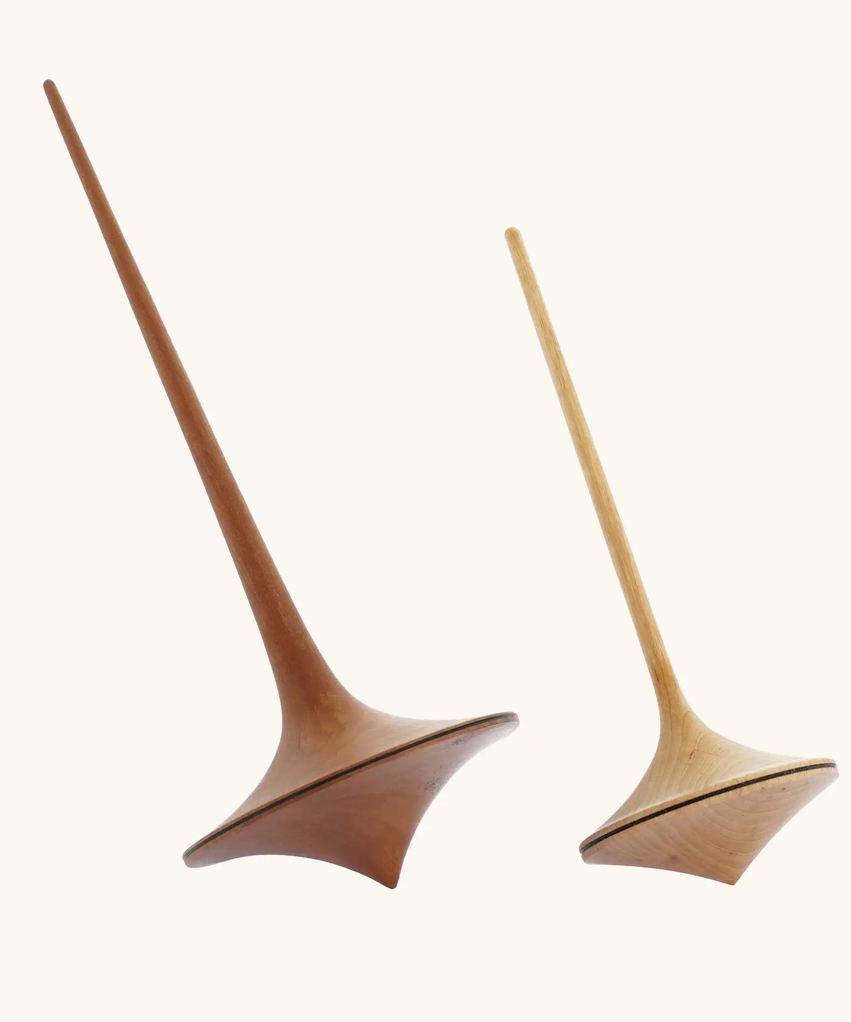 Mader handmade wooden 75mm and 55mm Trumpo wooden spinning tops.