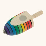 Underside of the Mader handcrafted wooden rainbow mini thunderbolt spinning top showing the magnet