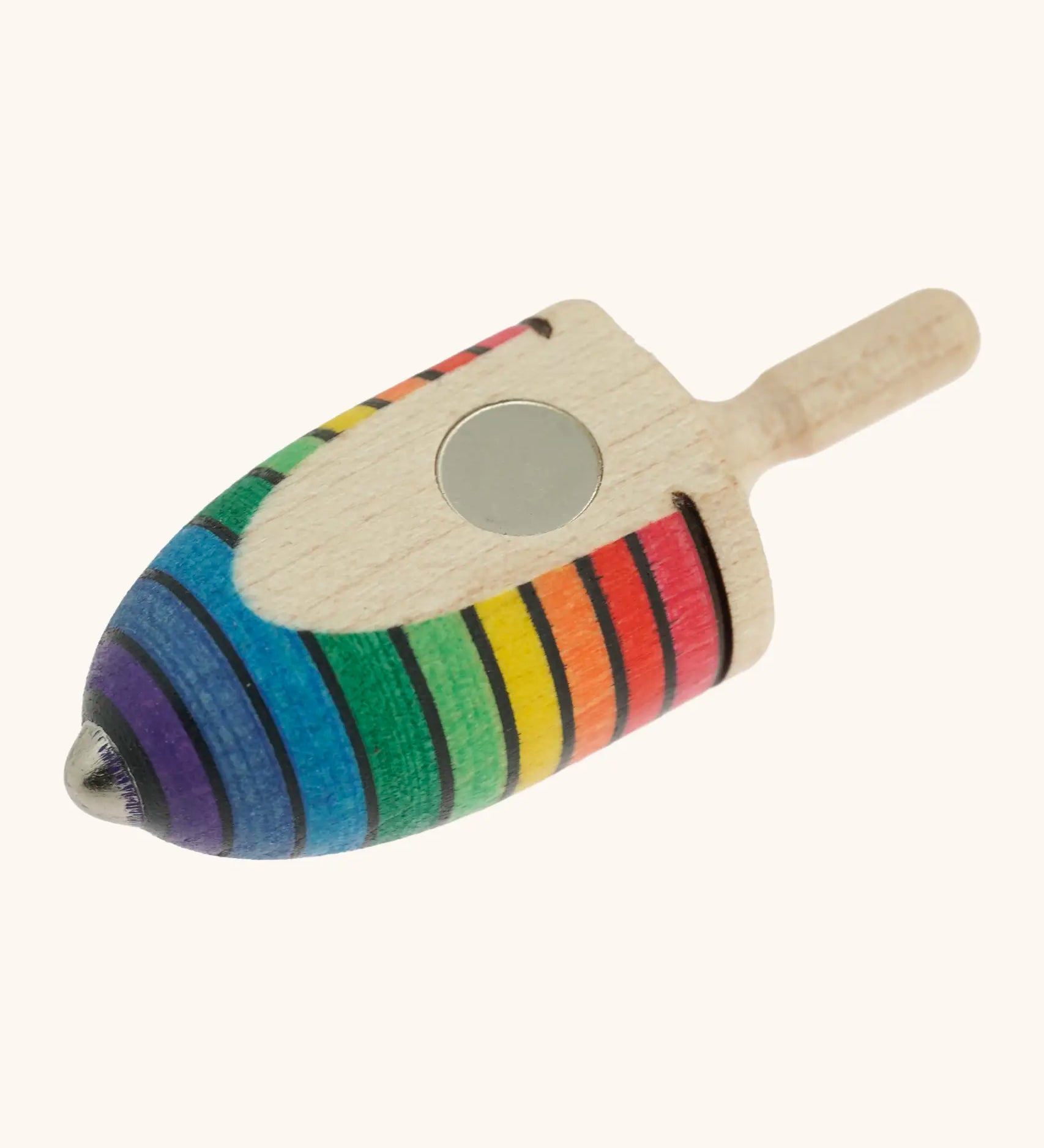 Underside of the Mader handcrafted wooden rainbow mini thunderbolt spinning top showing the magnet