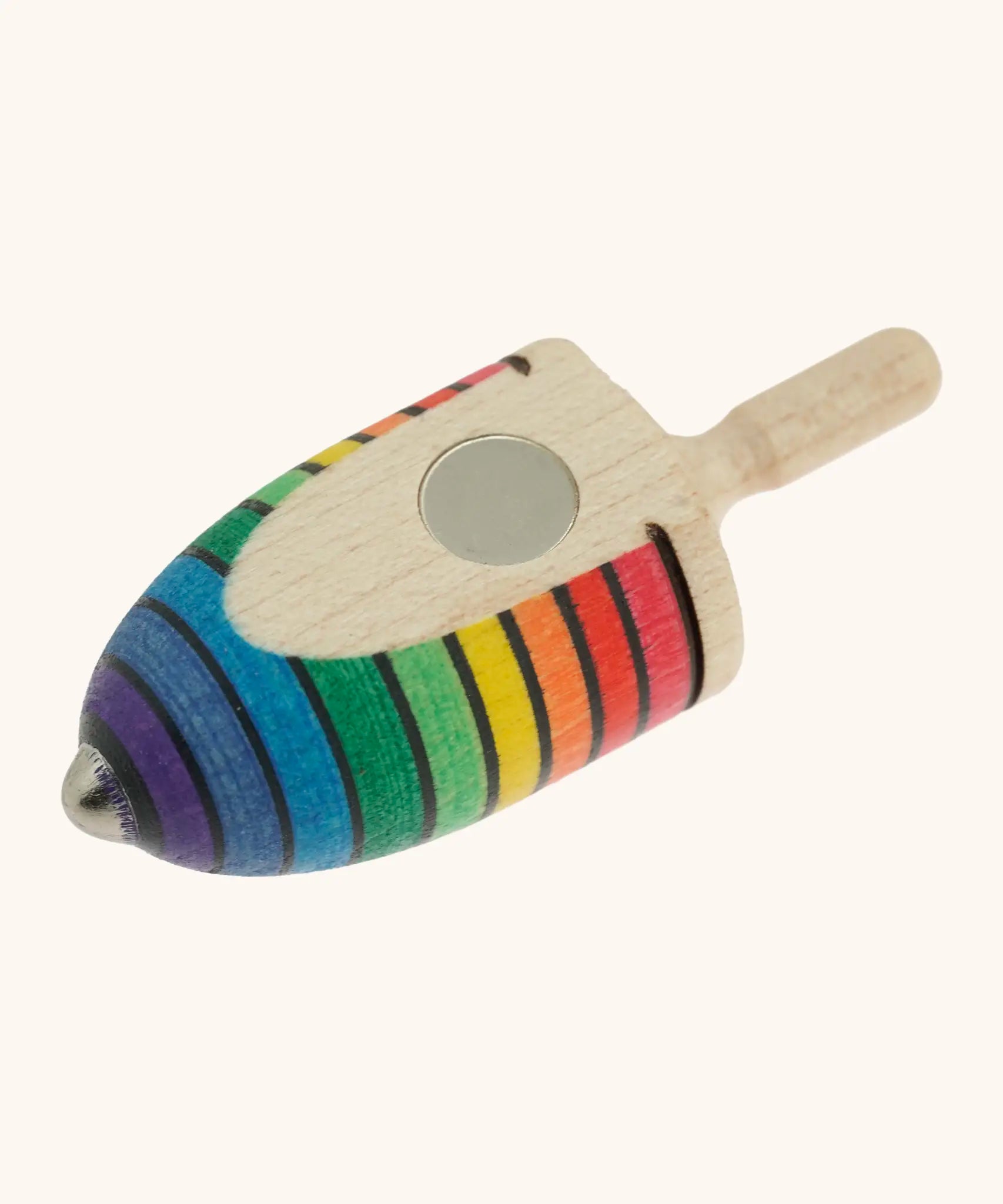Underside of the Mader handcrafted wooden rainbow mini thunderbolt spinning top showing the magnet