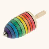 Mader handcrafted wooden rainbow mini thunderbolt spinning top with a magnet underside