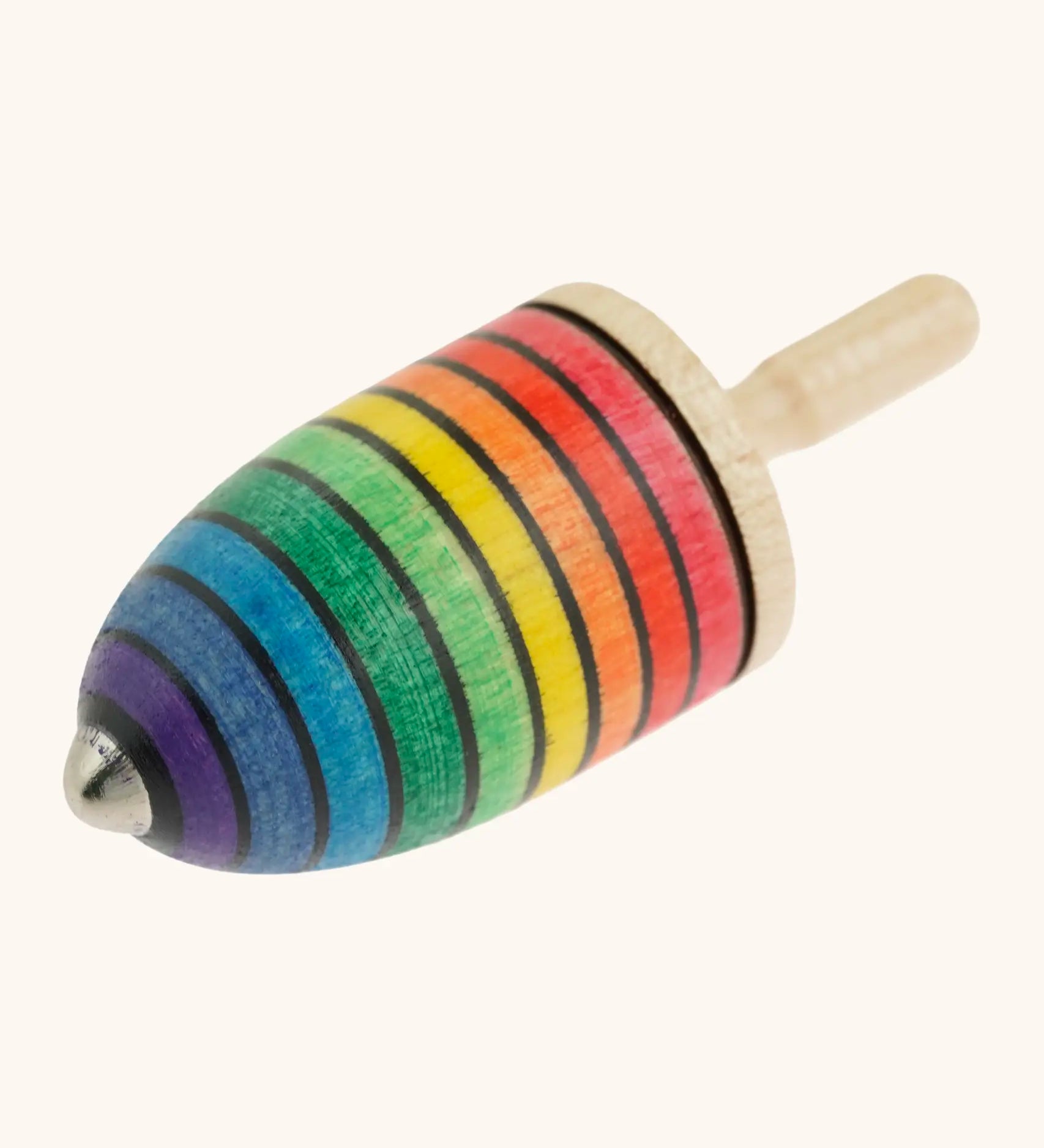 Mader handcrafted wooden rainbow mini thunderbolt spinning top with a magnet underside