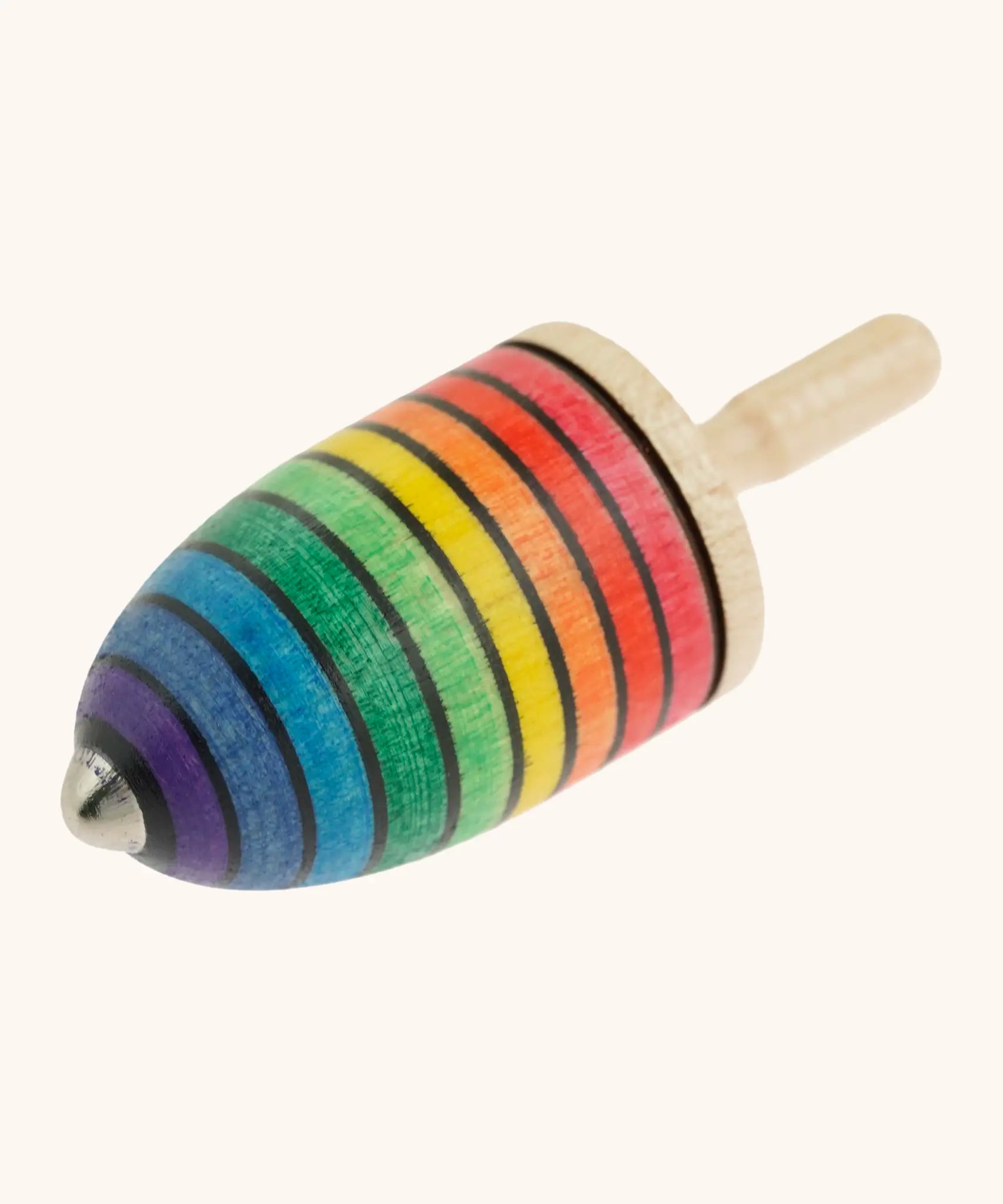 Mader handcrafted wooden rainbow mini thunderbolt spinning top with a magnet underside