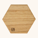 underside of the Mader handcrafted small oak spinning top plate in a shape of a hexagon showing the logo on the corner