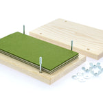 Pieces of the Mader handmade wooden flower press set laid out on a white background