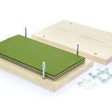 Pieces of the Mader handmade wooden flower press set laid out on a white background