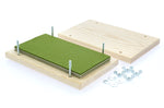 Pieces of the Mader handmade wooden flower press set laid out on a white background