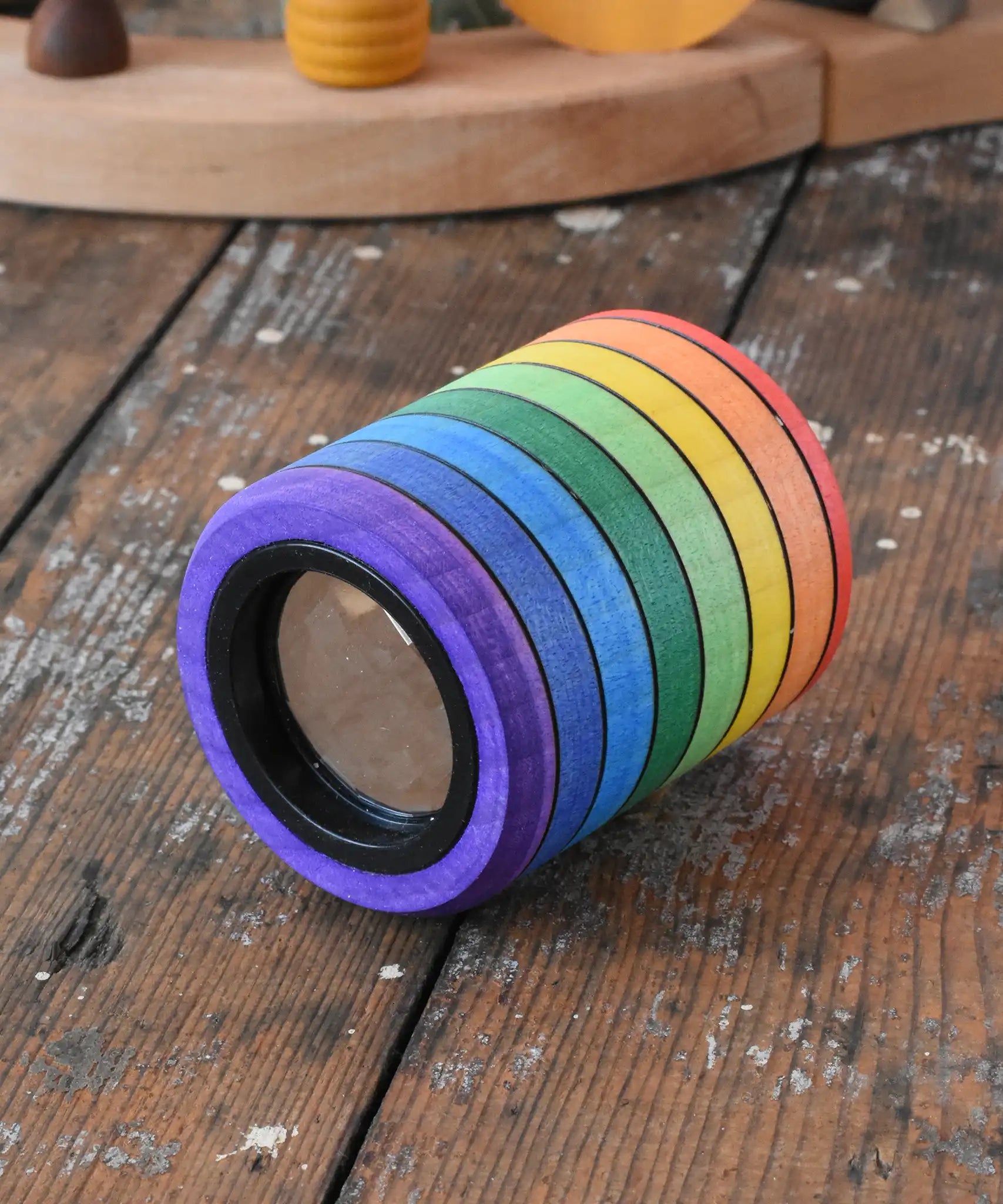 Mader Rainbow Kaleidoscope placed on a desk in the Babipur playroom. 
