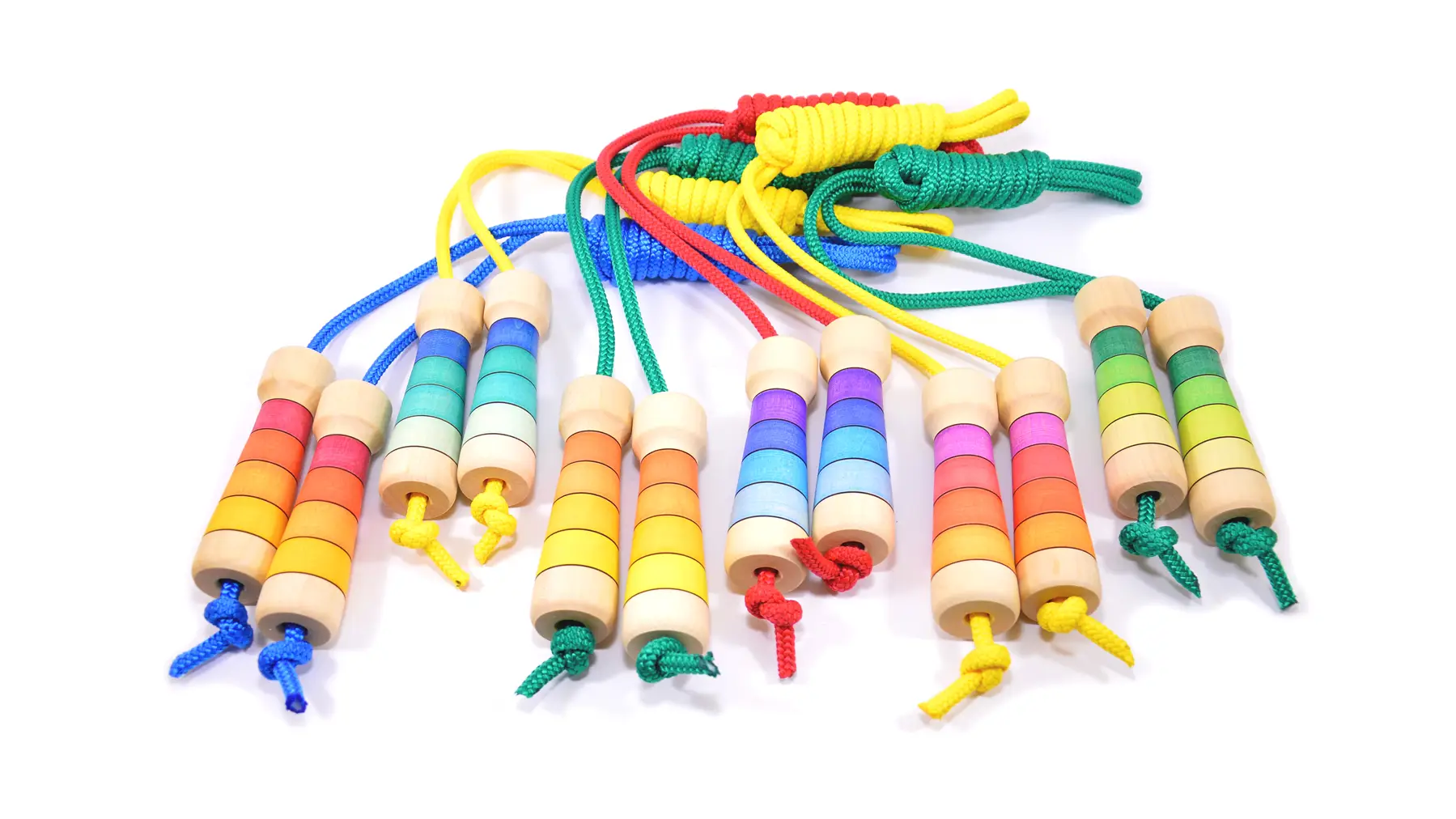Mader handmade traditional wooden skipping ropes in different hand painted stripe designs and colourful ropes.