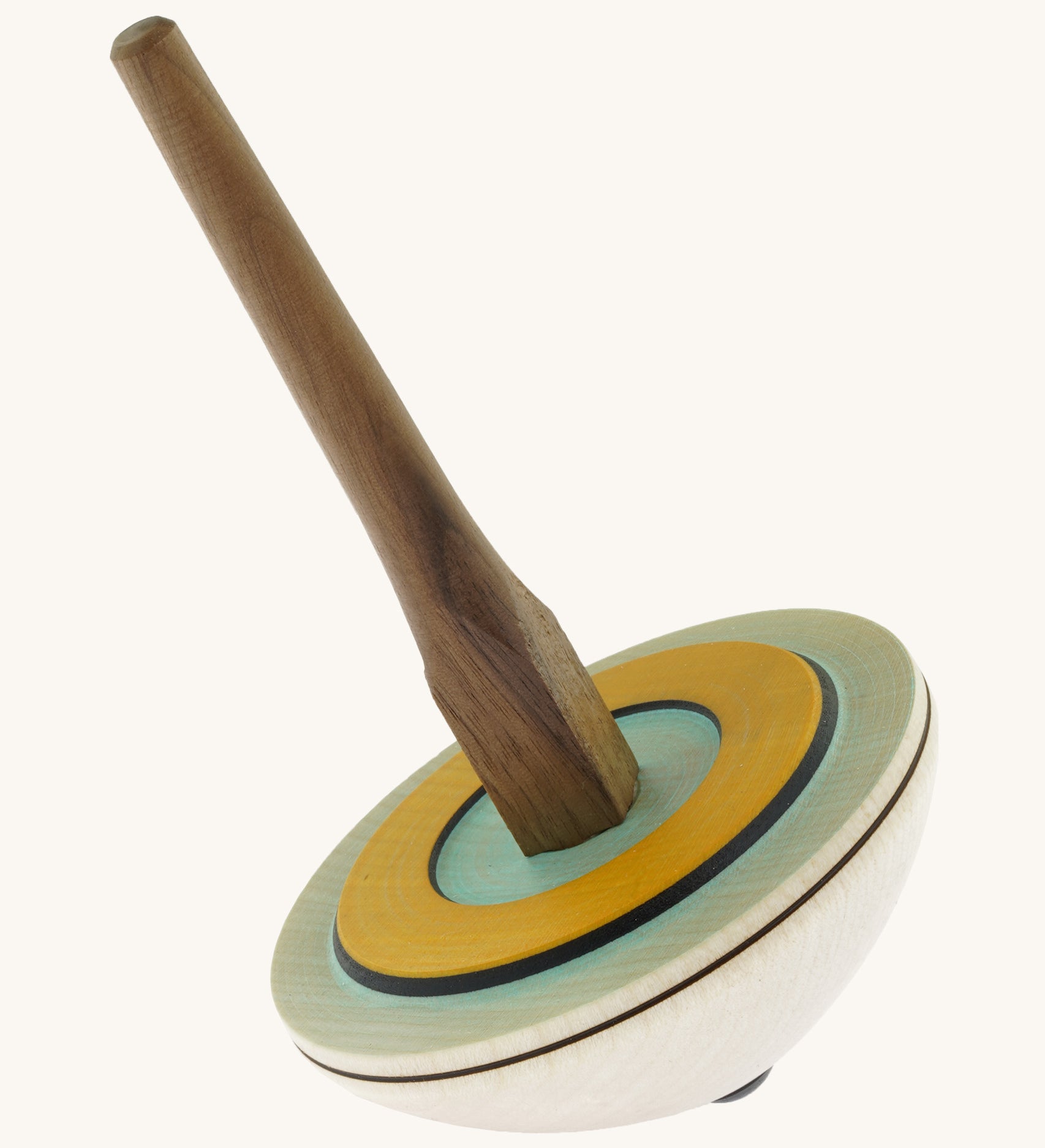 The Mader 'So And So' DIY wooden spinning top, with a natural wooden handle and painted wooden top.