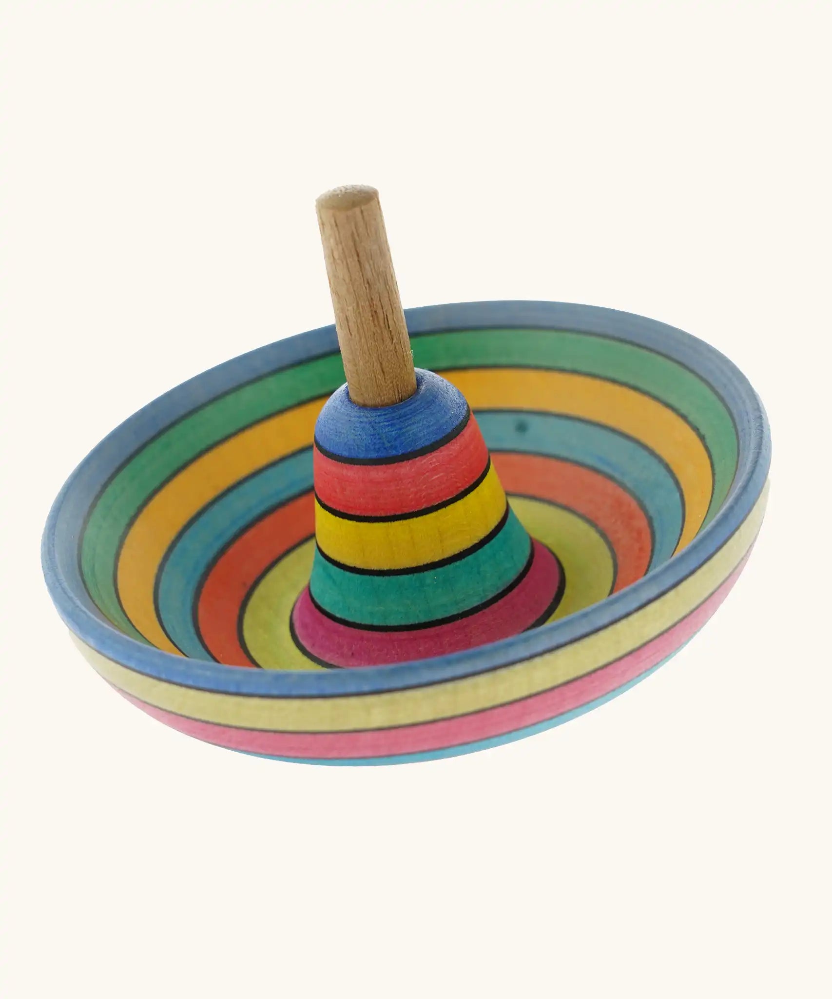 Mader Kreiselmanufaktur Sombrero Spinning Top with a rainbow coloured striped design.