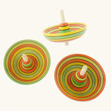 Three Mader Kreiselmanufaktur Sombrero Spinning Tops with a Summer stripe design.