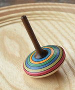 Mader stripe spinning top placed on a spinning plate. 