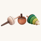 Mader The 3 Baldufinos wooden spinning top set. 