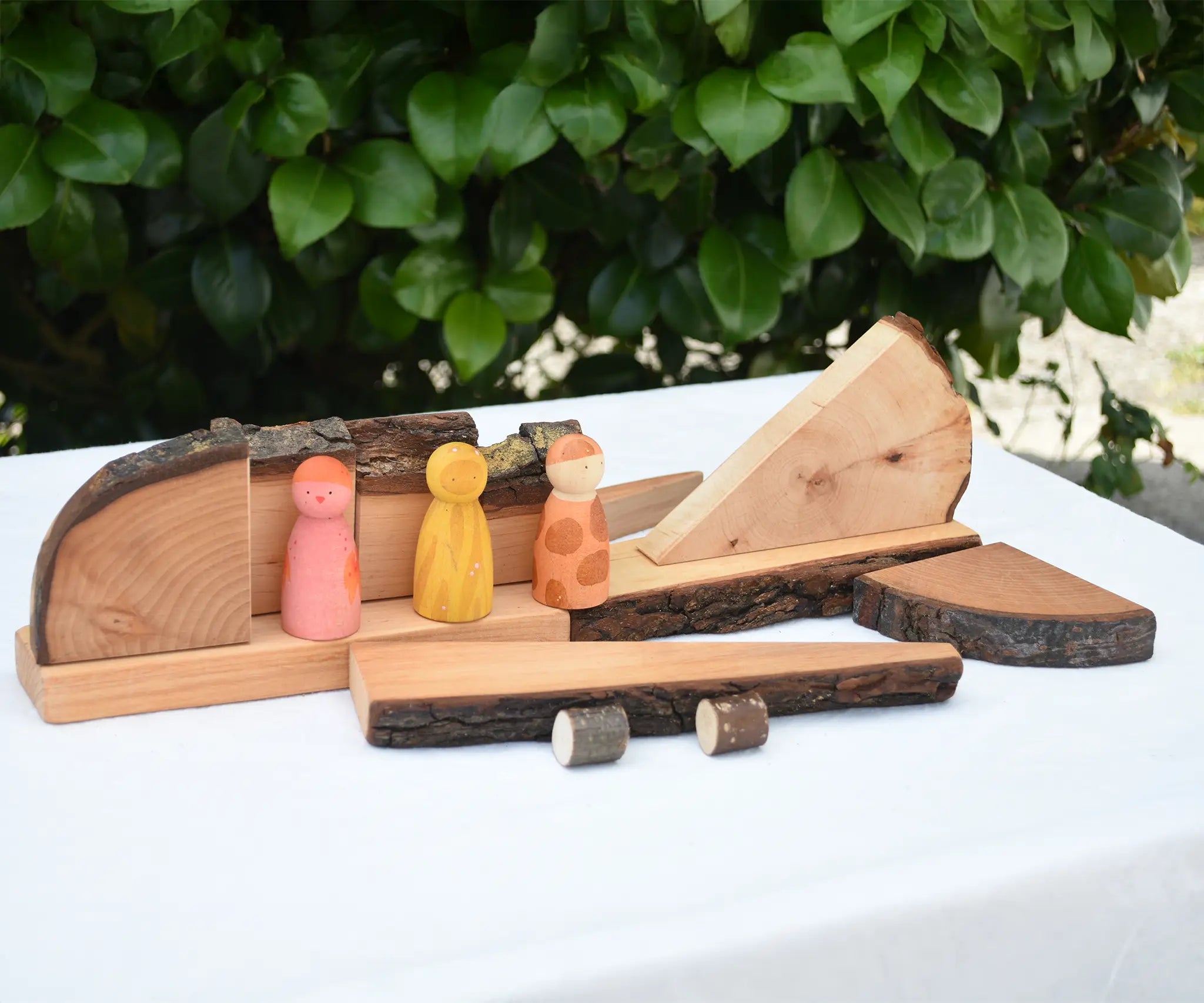 Plane created using the Magic Wood Eco Blocks Big Box 70 piece set with Grapat wild crew Nins placed on ot.