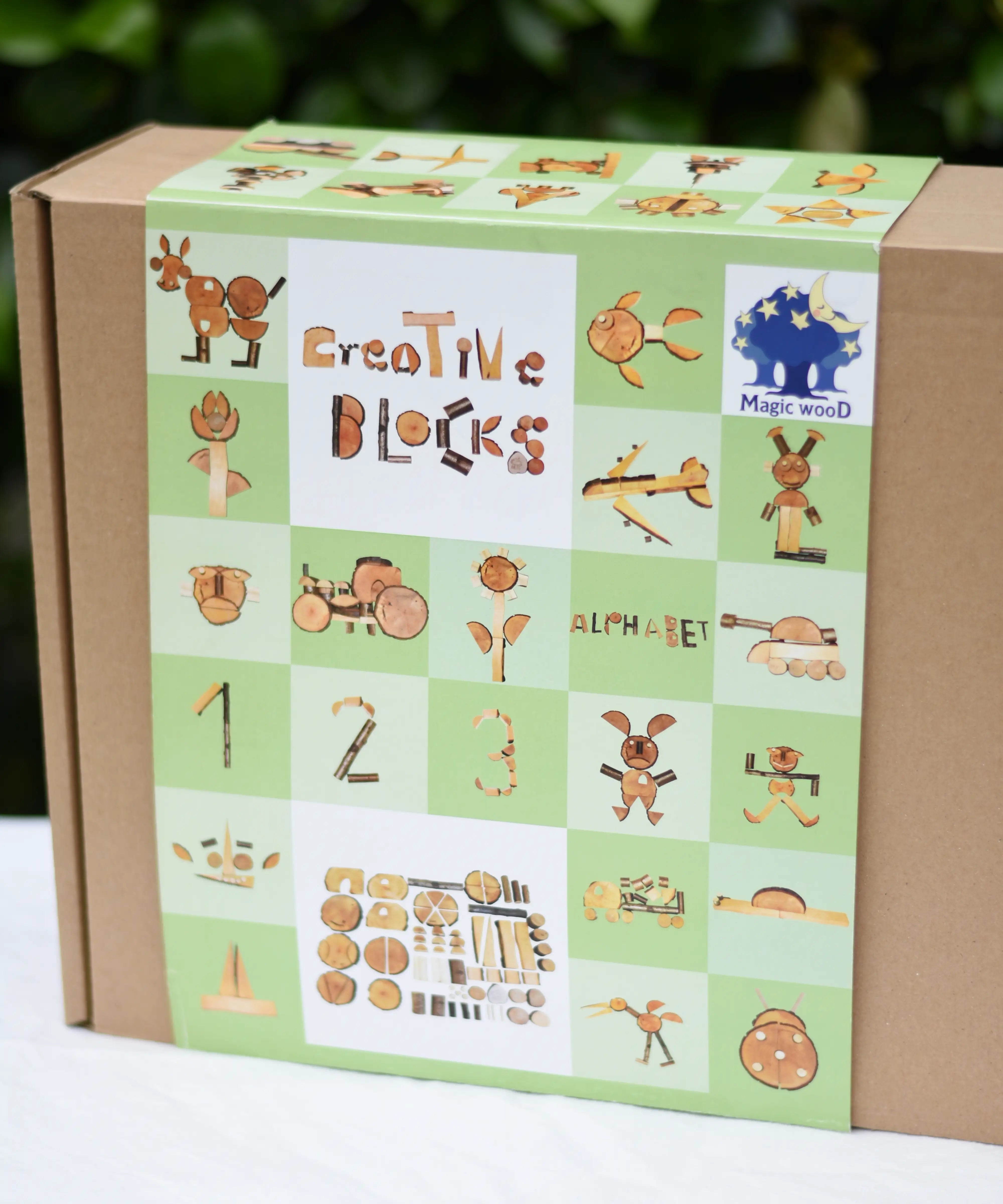 Close up of the front of the Magic Wood Eco Blocks Big Box 70 piece set box showing some build ideas.