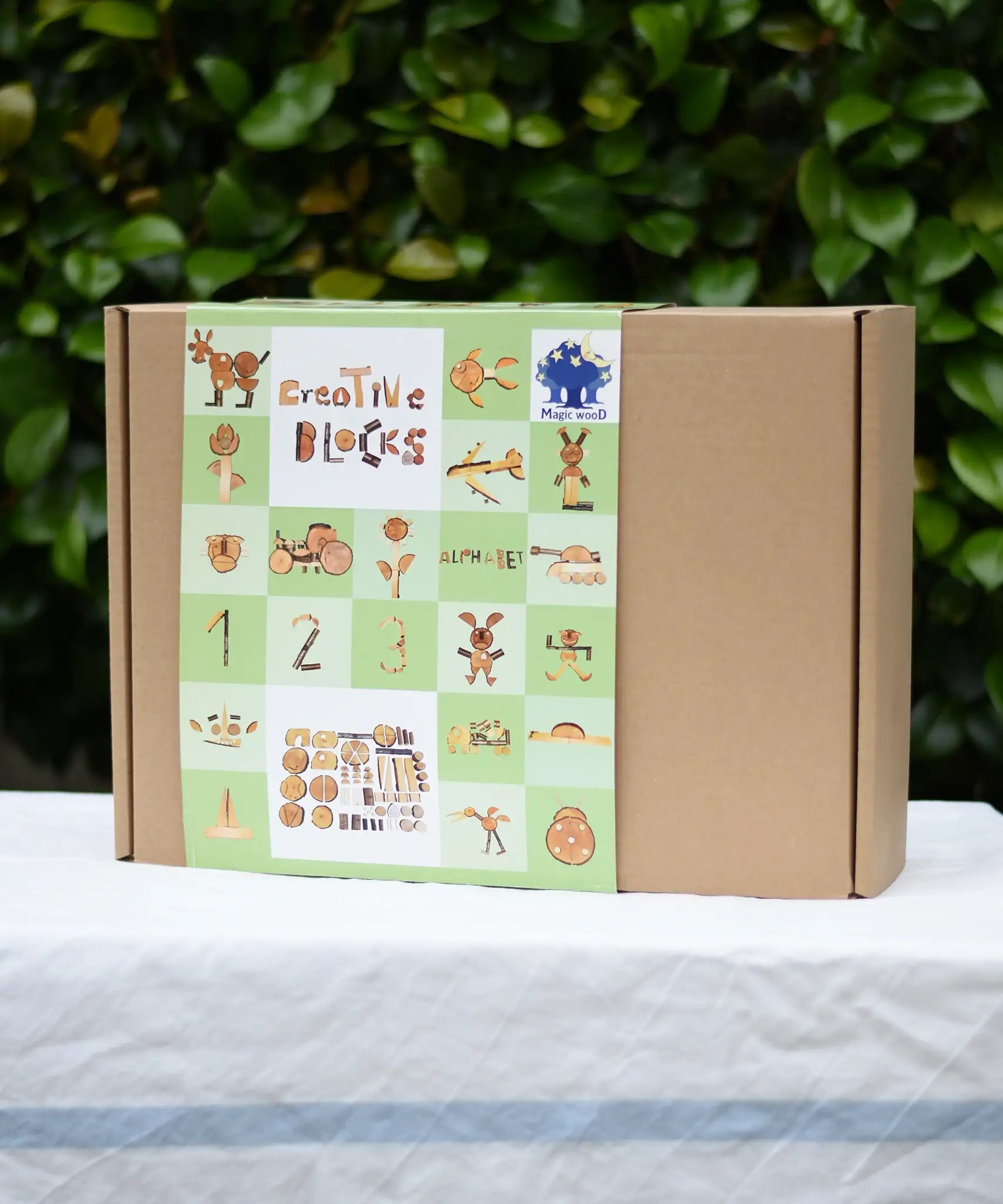 Magic Wood Eco Blocks Big Box 70 piece set shown in it's box. Lots of build ideas shown on the packaging. 