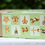 Side of box of the Magic Wood Eco Blocks Big Box 70 piece set showing some build and play ideas. 