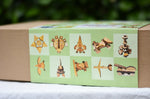 Side of box of the Magic Wood Eco Blocks Big Box 70 piece set showing some build and play ideas. 