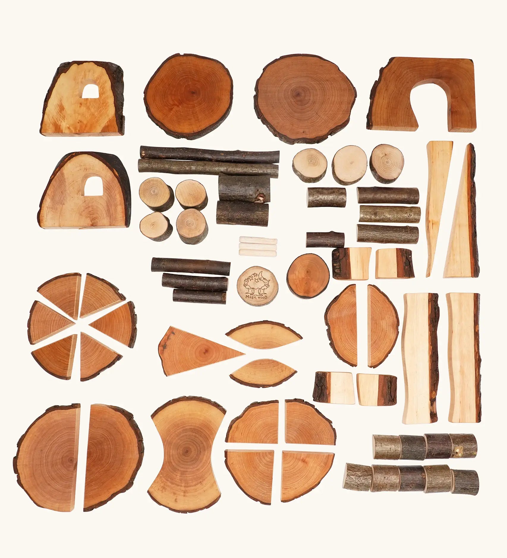 Magic Wood Eco Blocks Big Box 70 piece set pieces all laid out in a flatlay. 