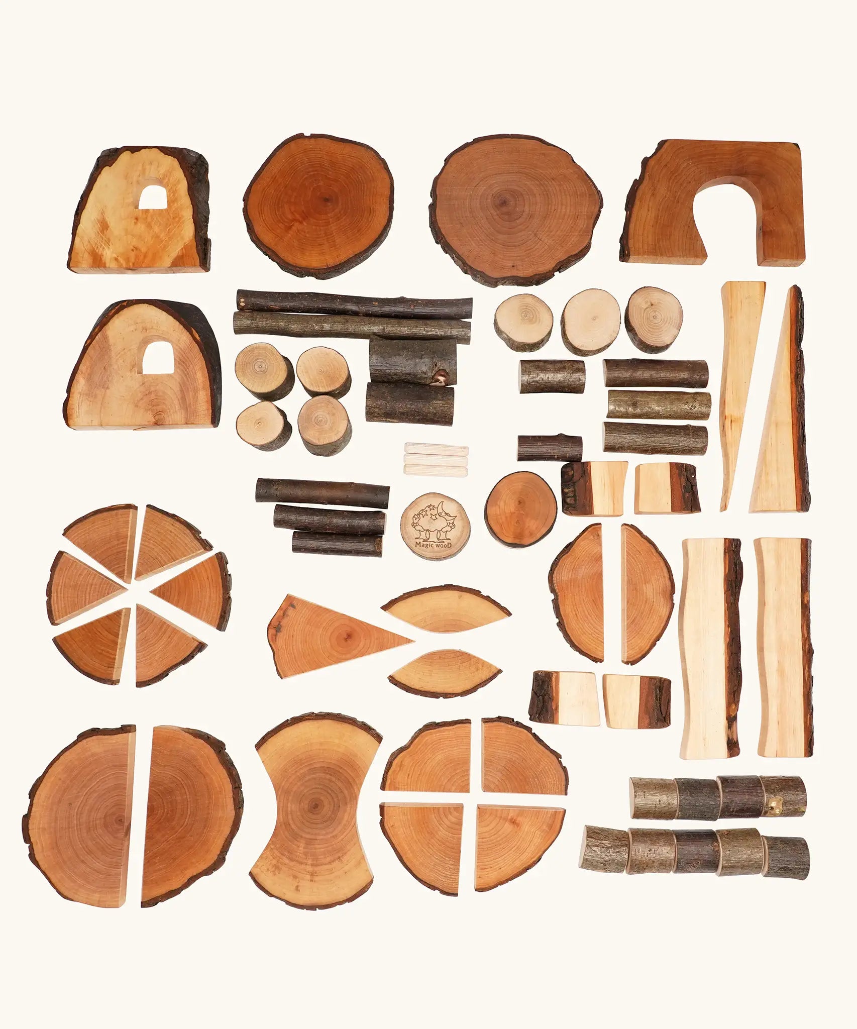 Magic Wood Eco Blocks Big Box 70 piece set pieces all laid out in a flatlay. 