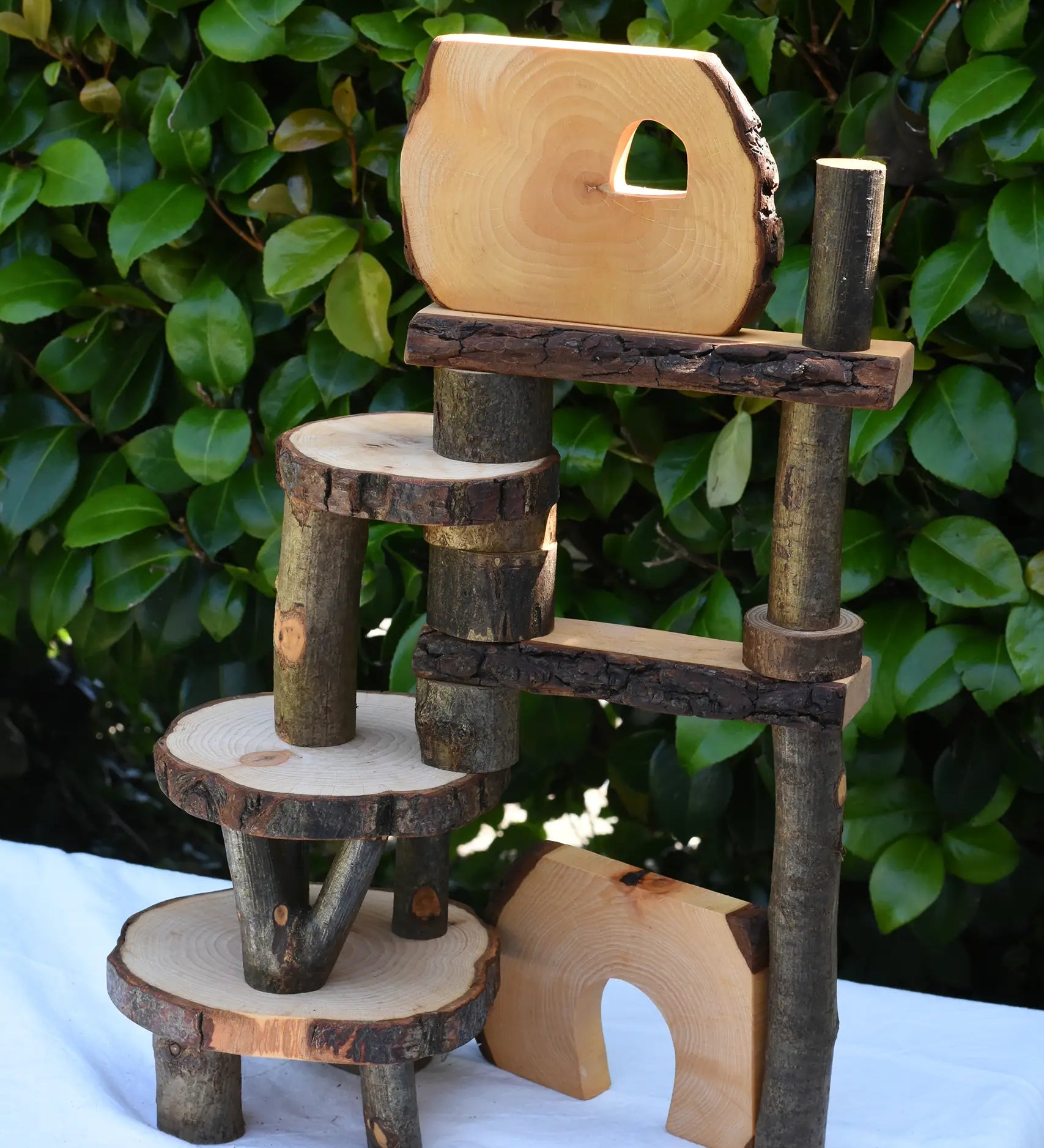Magic Wood Eco Blocks in a 22 piece set used to create a build, stacking the logs, platforms and pieces on top of each other.