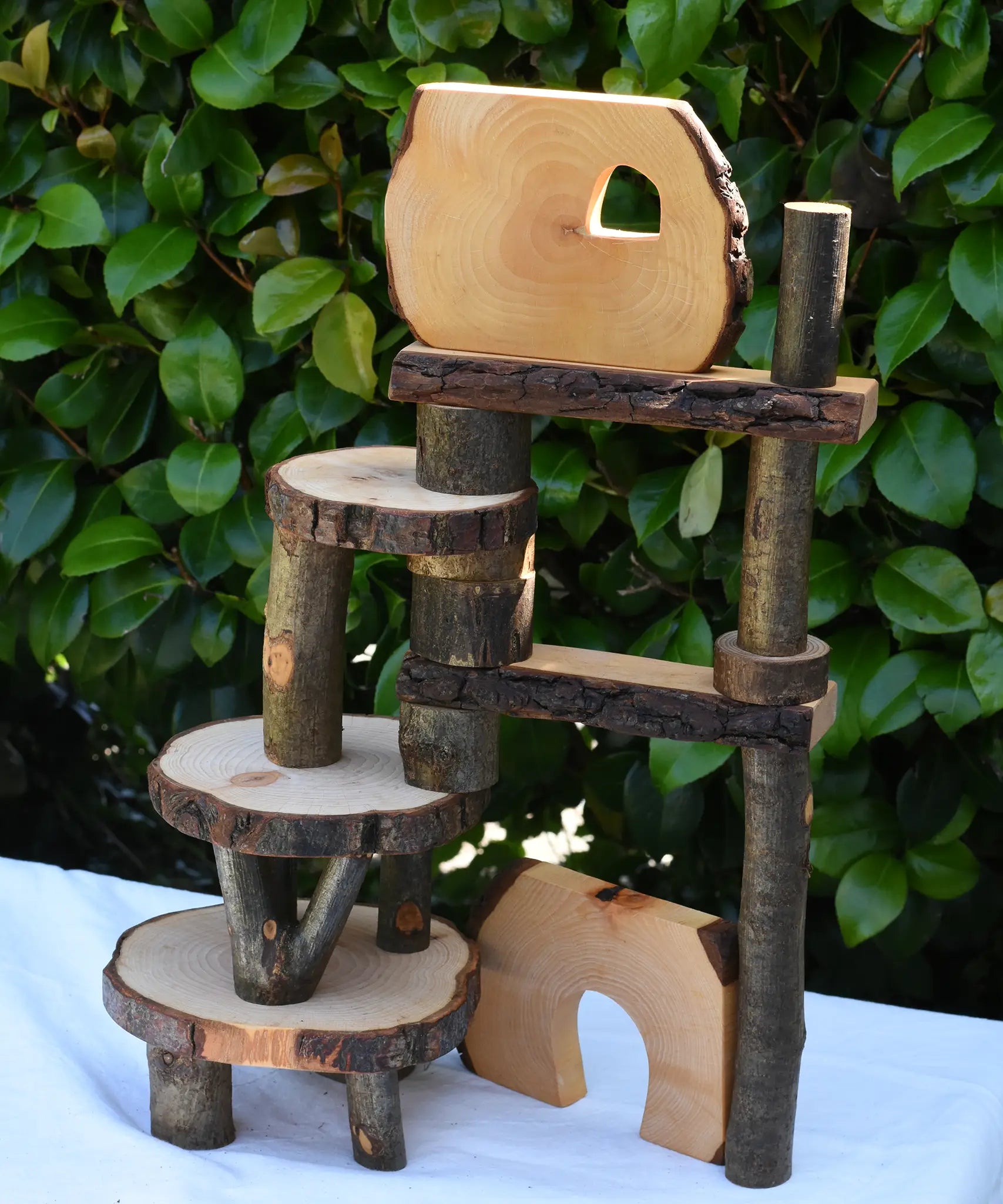 Magic Wood Eco Blocks in a 22 piece set used to create a build, stacking the logs, platforms and pieces on top of each other.